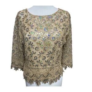 Vintage Komlies Blouse Women XL Gold Lace Sequined Retro Evening Formal Occasion